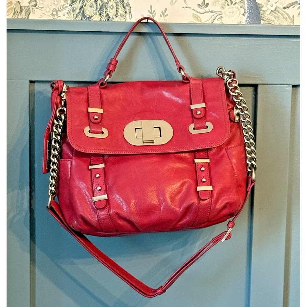 Badgley Mischka Purse Fuchsia Leather Chain Shoulder‎ Turn-Lock Handbag Pink